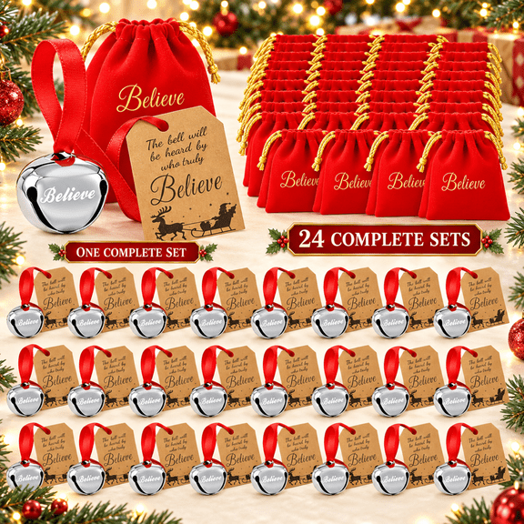 Christmas Bells for Decoration 24 Pack Silver Sleigh Bells with Red Velvet Bags Hanging Cards Jingle Bell Ornaments for Christmas Tree Party Favors