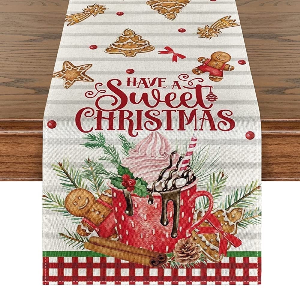 Smile Ice Cream Gingerbread Sweet Christmas Table Runner Seasonal Winter Kitchen Dining Table Decoration for Home Party Indoor 13x108 Inch