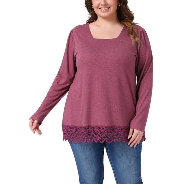 Blusas de manga larga de talla grande Agnes Orinda para mujeres, túnica de cuello cuadrado, blusa de otoño e invierno con dobladillo de encaje 4X fucsia