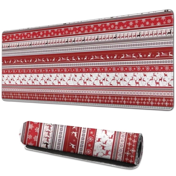 Long Mouse Pads for Desk,Red Christmas Folk Pattern Desk Mats on Top Of Desks, Desk Mouse Pad Extra Large with 3mm Non-Slip Base and Stitched Edge for Gaming,Office,Work,Home 31.5x11.8in