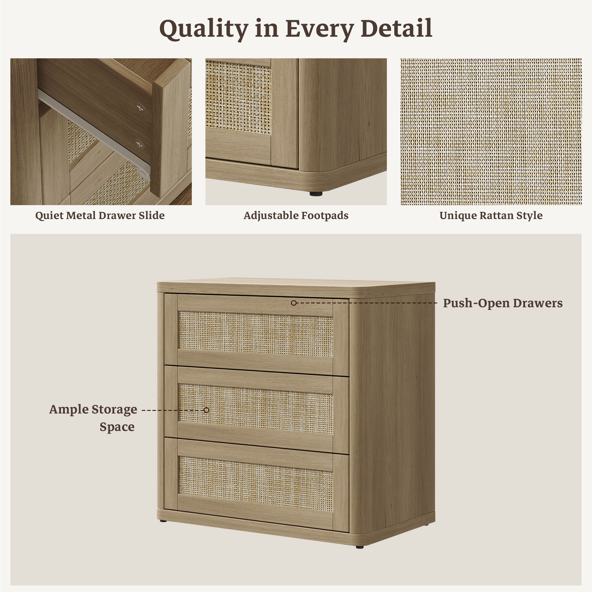 SICOTAS 26.77"W Boho 3-Drawer Nightstand, Curved Rattan Nightstand Dresser with Pop-up Drawers & Slide Rails, Farmhouse Bedside Table, End Side Table for Bedroom, Living Room, Natural Oak