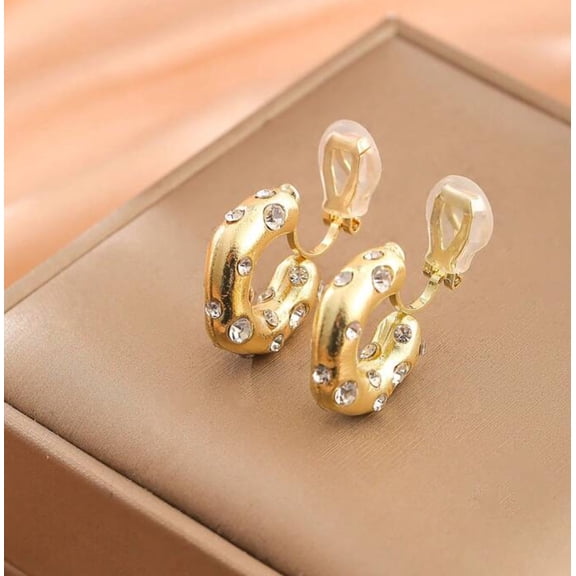 Clip on 3/4" small gold barrel style hoop earrings with clear stones