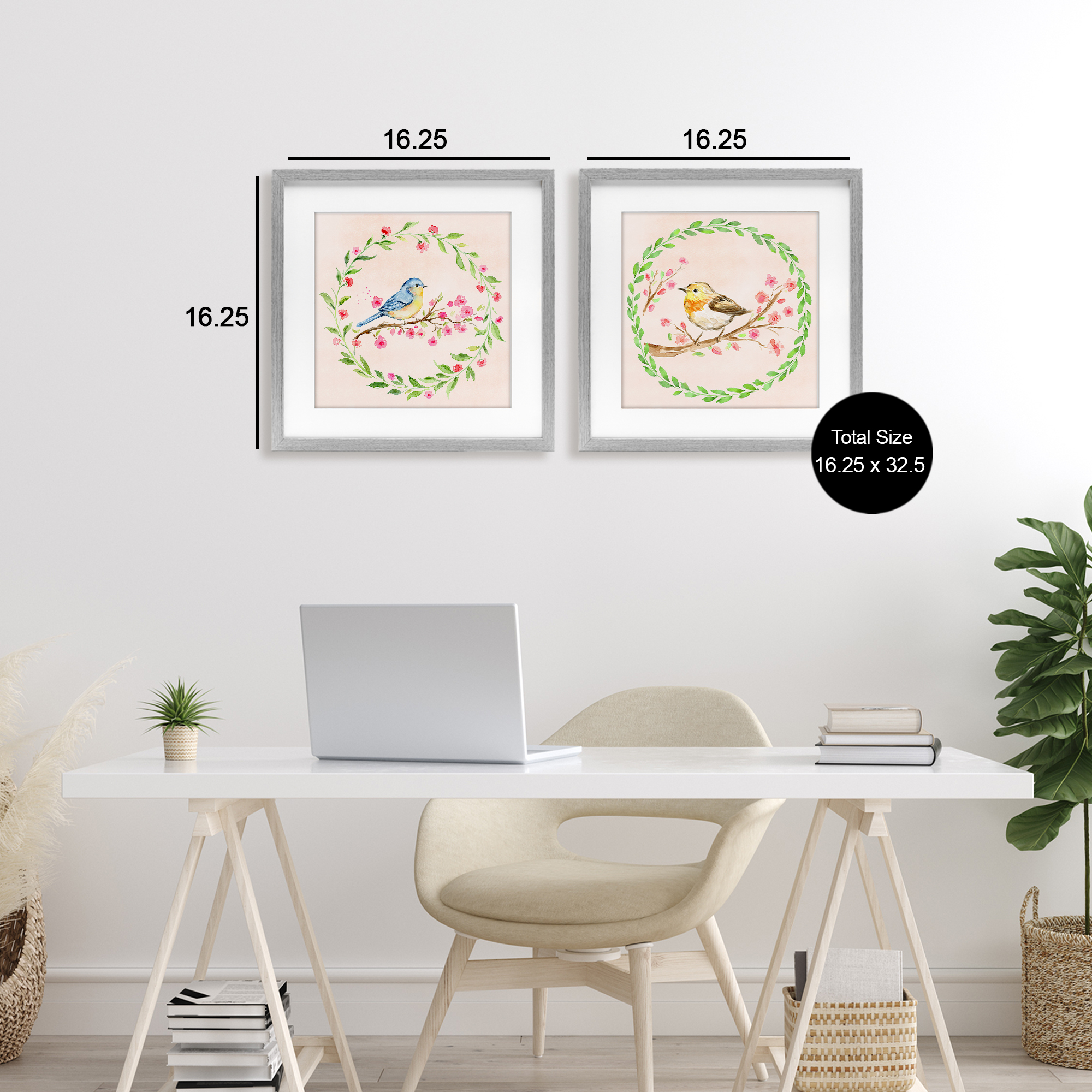 Spring Branches & Wreath Birds 2 Piece Gray Framed Print Under Glass Set, design by Elena Fay