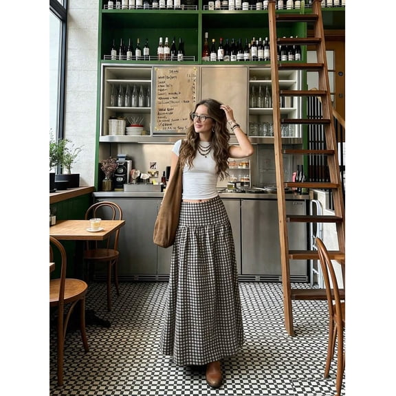 Chocolate Brown Plaid Mid-Length Skirt, Elegant Casual A-Line Flowing Skirt For Daily Wear