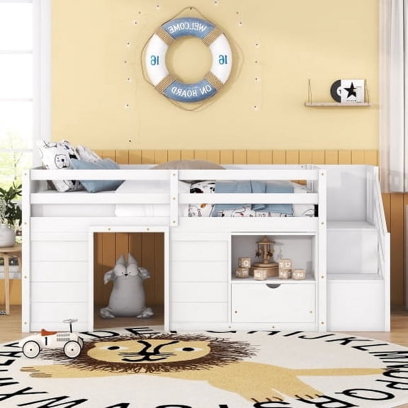 HICOMILA Twin Low Loft Bed with Staircase & Storage - Solid Wood Frame