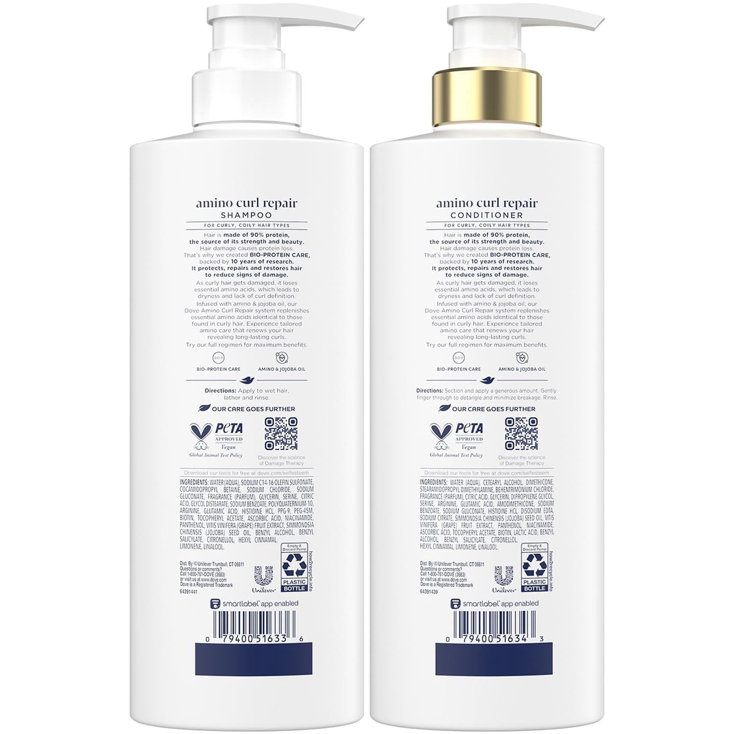 Dove Shampoo and Conditioner Set, Amino Curl Repair – Damage Therapy Bio-Protein Care Formulas for Revitalizing Coily, Curly Hair, 18 Oz Ea