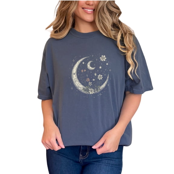 Crescent Moon and Floral Design T-Shirt, Celestial Moon and Stars Graphic Tee, Bohemian Flower Moon Phase Shirt, Lunar Nature Tee, Denim Comfort Colors T-Shirt, Small