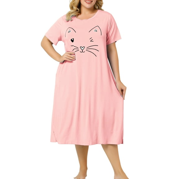 Unique Bargains Women's Plus Nightgown Short Sleeve Cat Print Nightshirt
