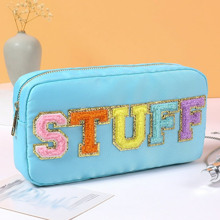 SHUWND Nylon Cosmetic Bags, Letter Stuff Bag, Large Makeup Bag, Preppy Patch Bag for Women Girls Travel Toiletry Organizer Storage (Sky Blue), Size: 1