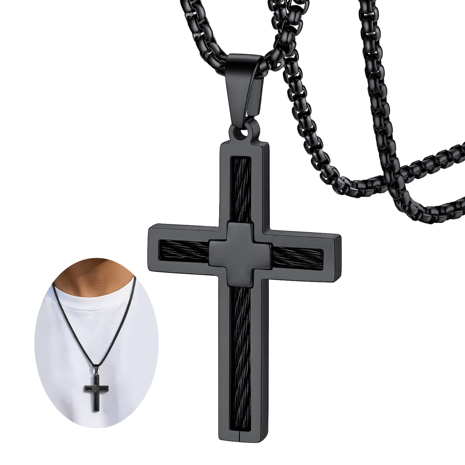 FaithHeart Cross Pendant Necklace for Men Women Stainless Steel Vintage Catholic Christian Religious Jewelry Gift for Dad Fathers Day Easter