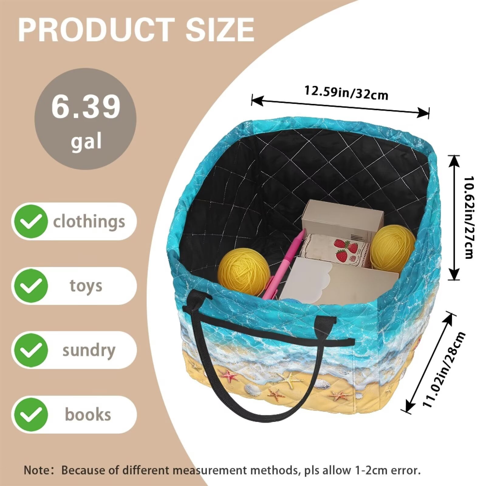 Yuyamidu Beach Starfish Fabric Storage Basket 6.39 Gal Quilted Storage Basket Portable Folding Storage Laundry Nursery Hamper for Nursery Bedroom Living Room