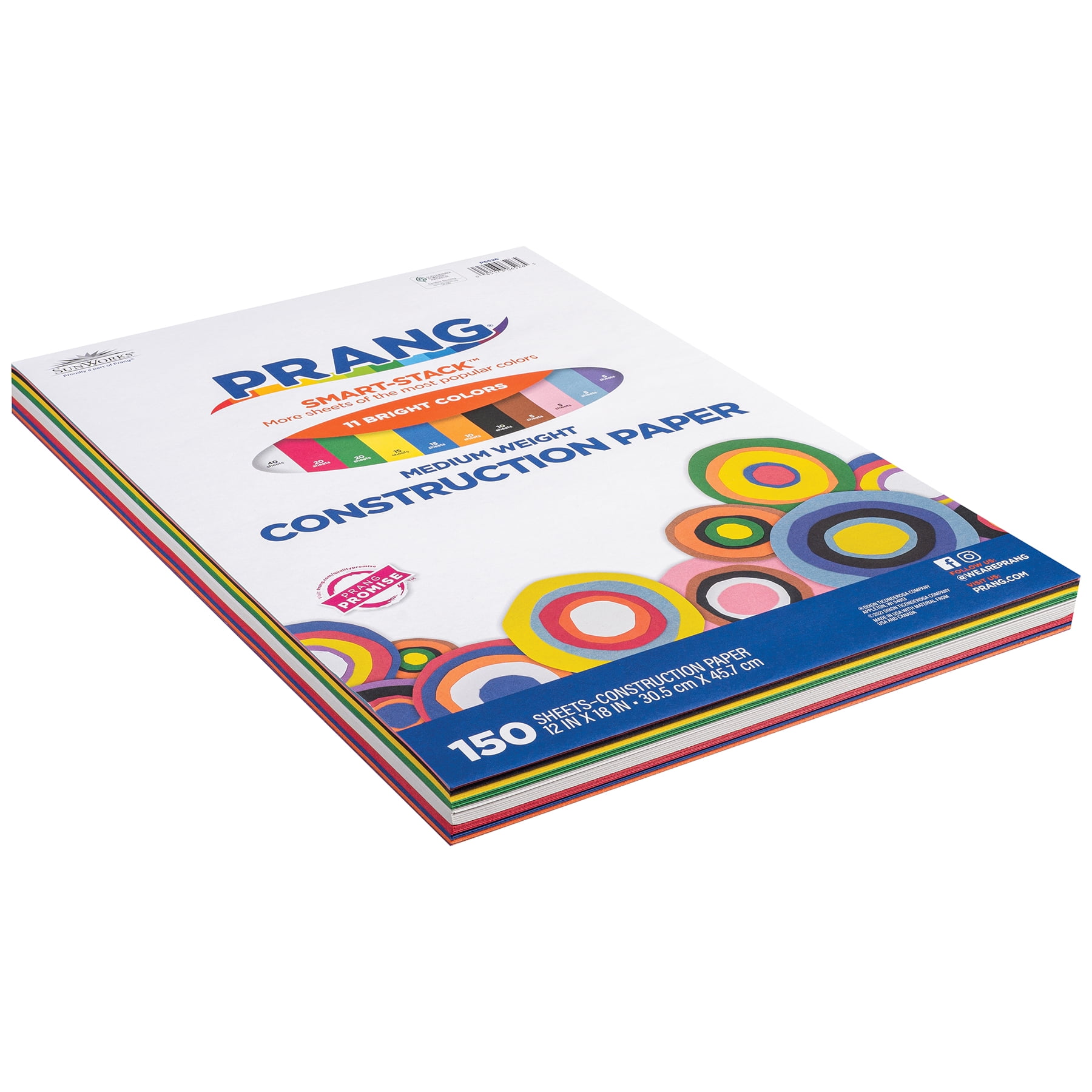 Prang Smart Stack Construction Paper, Medium Weight, 11 Assorted Colors, 12" x 18", 150 Sheets Per Pack, 2 Packs