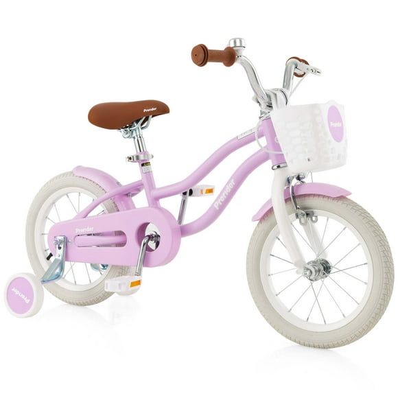 Costway 14" Kid's Bike with Removable Training Wheels & Basket for 3-5 Years Old Purple