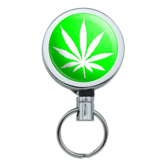 Marijuana Pot Weed Leaf Green Retractable Belt Clip Badge Key Holder