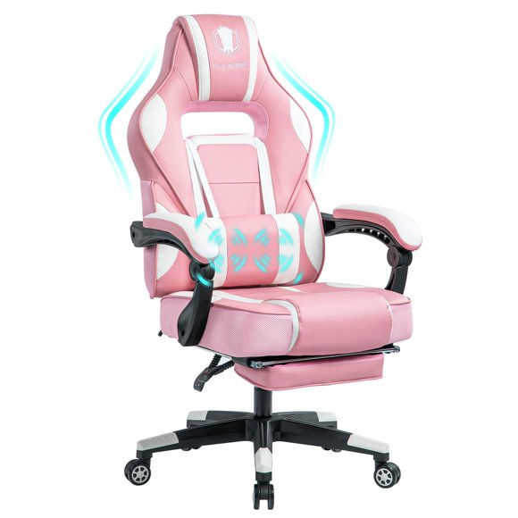 Massage Gaming Chair High Back PU Leather PC Racing Computer Desk Office Swivel Recliner with Retractable Footrest and Adjustable Lumbar Support, Black