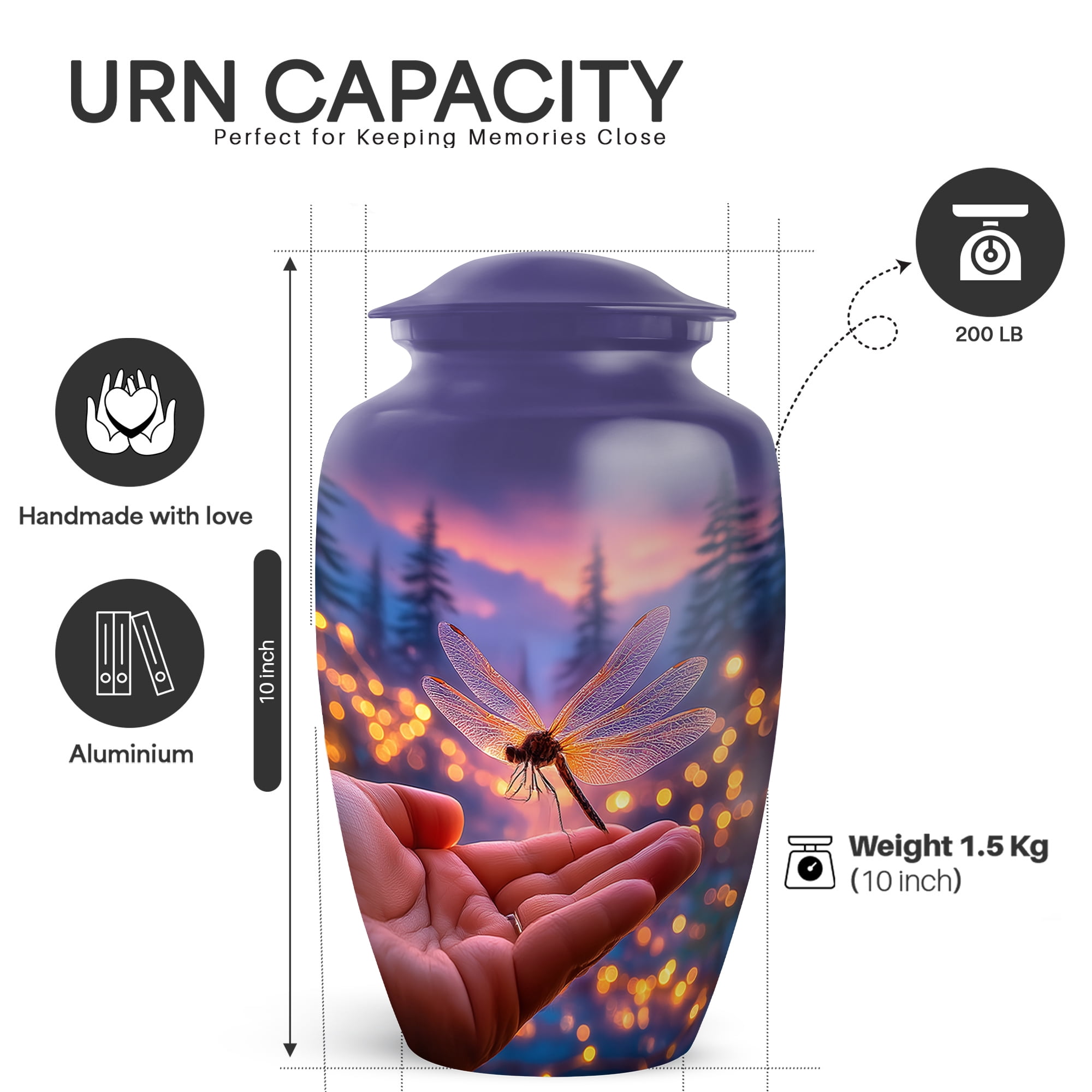 Yatskia Glowing Dragonfly Large Memorial Urns for Human Ashes Adult Men and Women, Little Keepsake Cremation Urn for Ashes Adult, (Classic 10 Inch and 3 Inch)