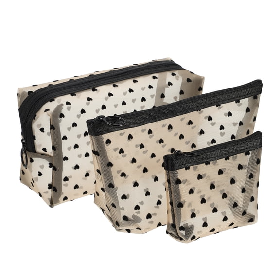 Vocoste 3 Pcs Heart Shape Print Mesh Makeup Bag Clear Makeup Pouch Mesh Bags with Zipper for Women Beige
