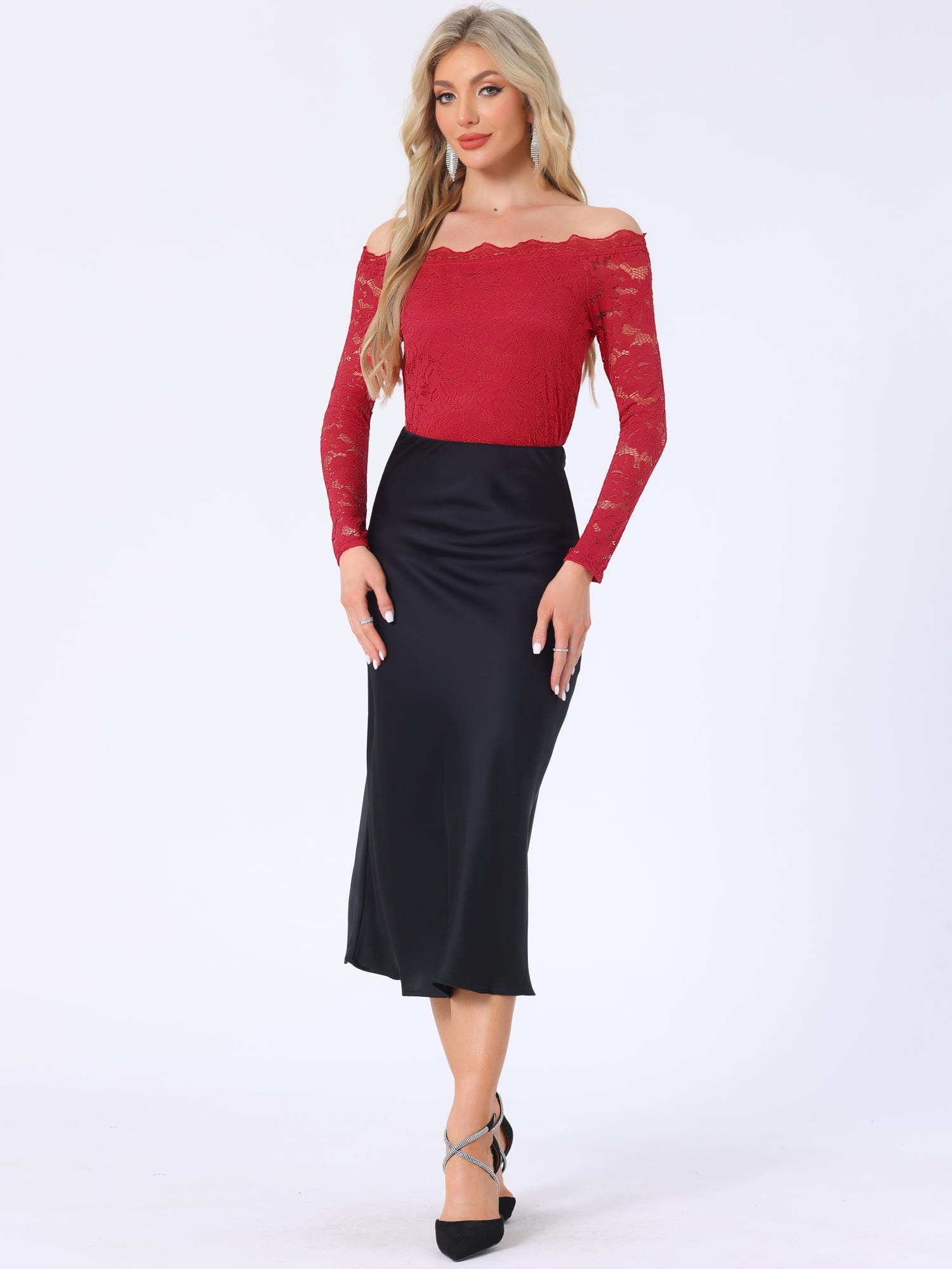 DARING DIVA Women's Sheer Long Sleeves Off Shoulder Floral Lace Tops S Red