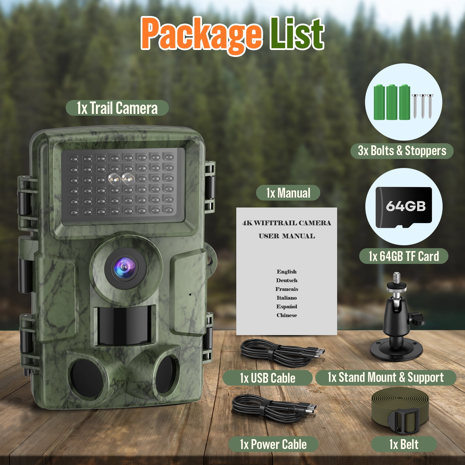 BEBANG WiFi Trail Camera with 64GB SD Card, 60MP 4K Hunting Camera, 120° Wide-Angle Night Vision Game Camera for Deer Scouting, 24/7 Wildlife Monitoring & Home Security