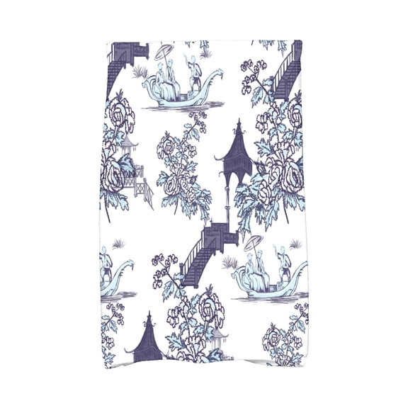Simply Daisy, 16 x 25 inch, China Old, Floral Print Kitchen Towel, Navy Blue