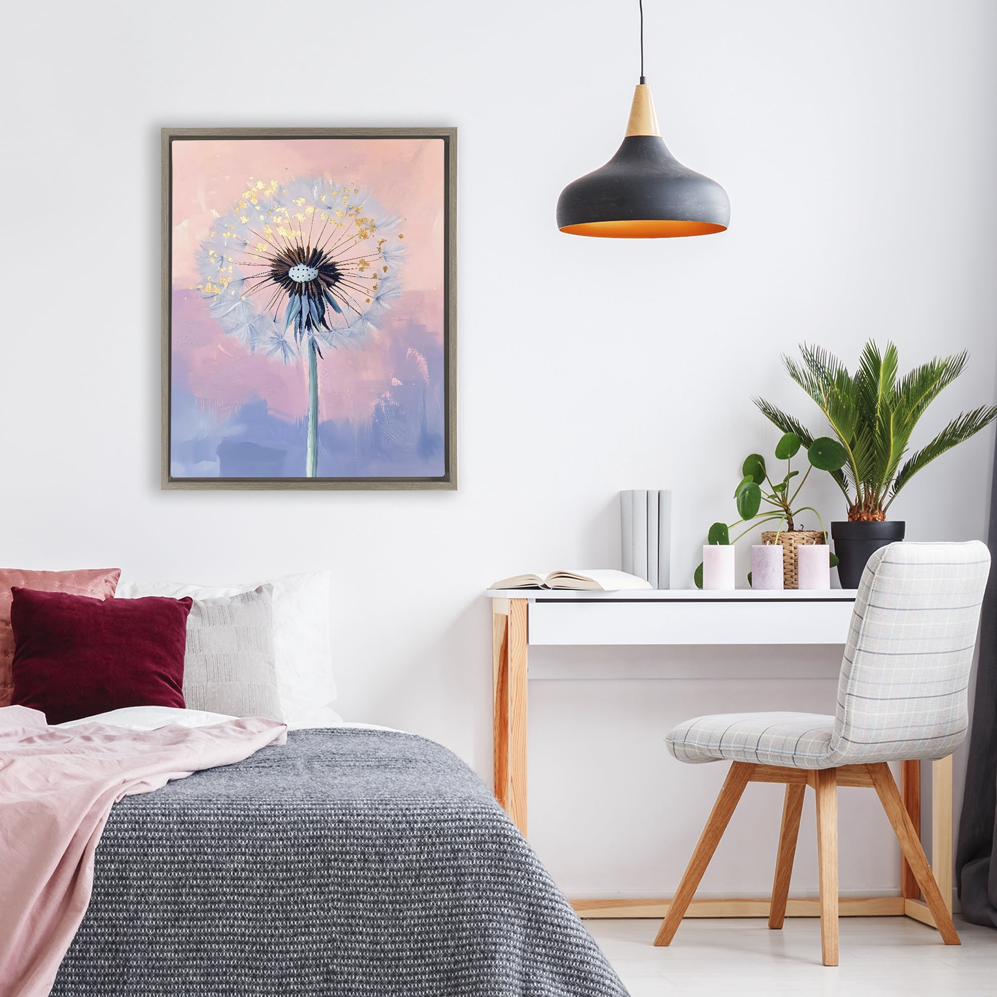 Stupell Industries Pastel Dandelion with Gold Seeds Brown Framed Floater Canvas Wall Art, design by The Prints Vibe