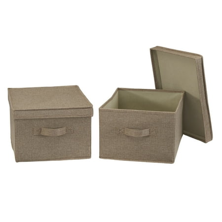 Household Essentials Large Fabric Storage Bins 2 Pack Soft Poly Linen with Sturdy Sides Attached Handle and Fully Removable Lid Brown