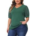 thumbnail image 5 of Agnes Orinda Women's Plus Size Tops V Neck Swiss Dots Puff Sleeve Casual Blouses Tee 1X Green, 5 of 7
