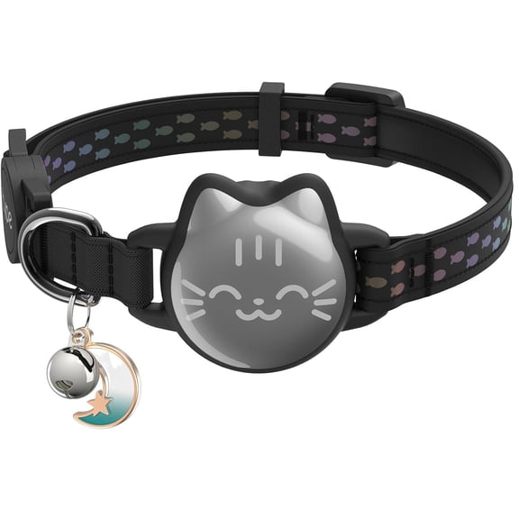 Waterproof Airtag Cat Collar, Breakaway Collar with Luminous & Reflective Fish Pattern, Lightweight Collar for Apple Airtag, Hidden GPS Tracker Holder