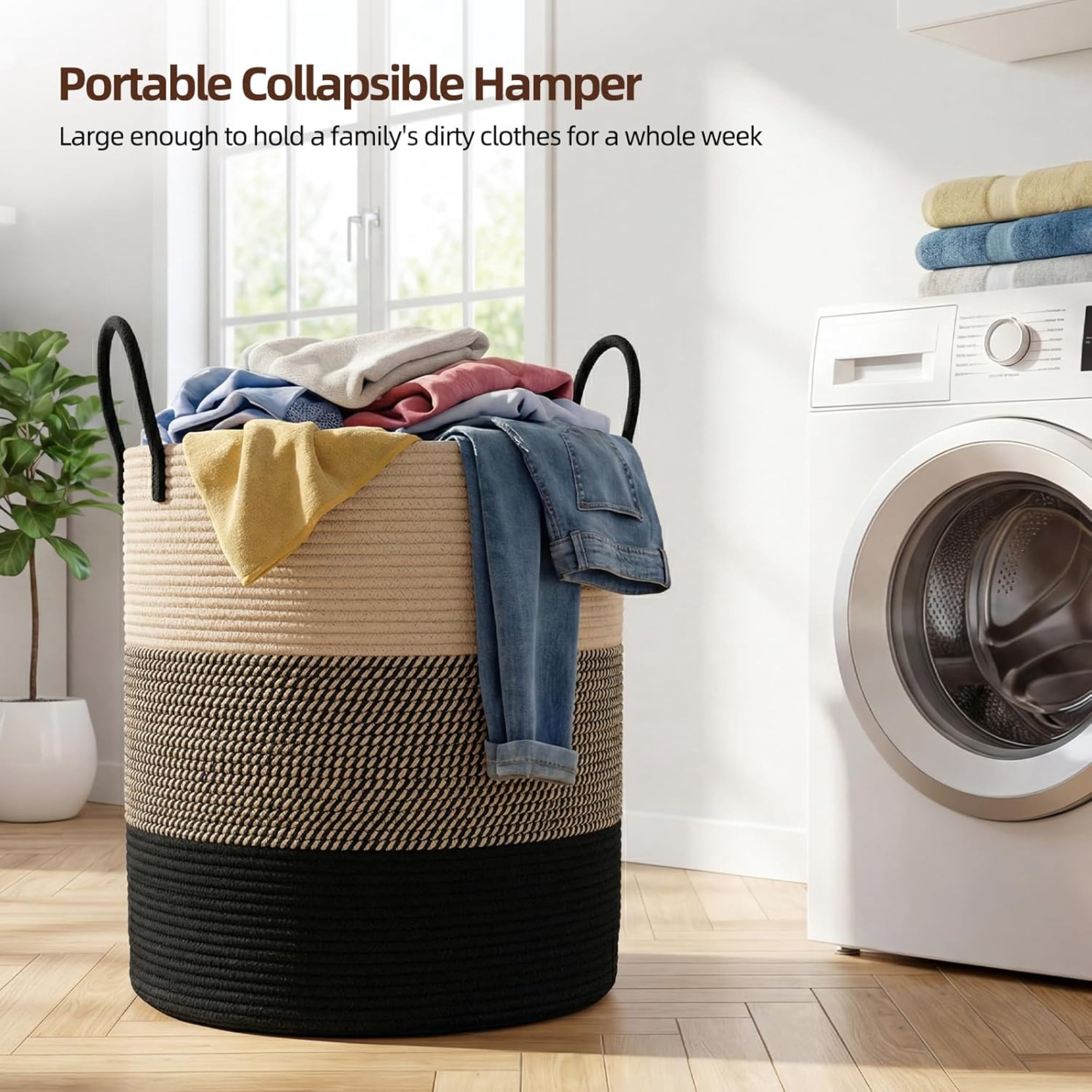 Laundry Basket, Woven Cotton Rope Laundry Hamper for Decor Storage of Dirty ClothesToys and Blankets in Bathroom, Baby Room and Living Room