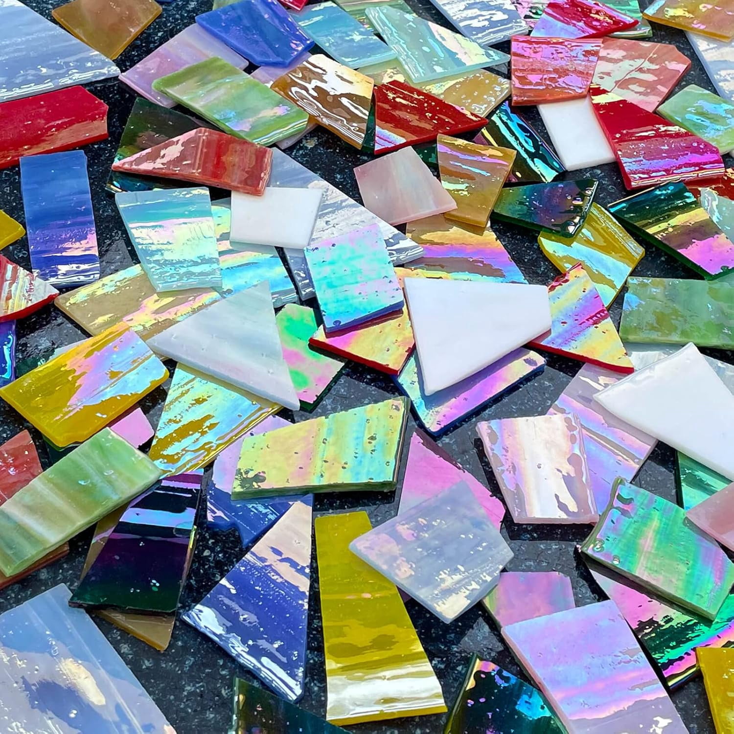 2.2LB Iridescent Mixed-Color Stained Glass Scraps - Irregular Mosaic Tiles & Broken Pieces for Stained Glass Art, DIY Crafts - Assorted Shapes (Mosaic Supplies)