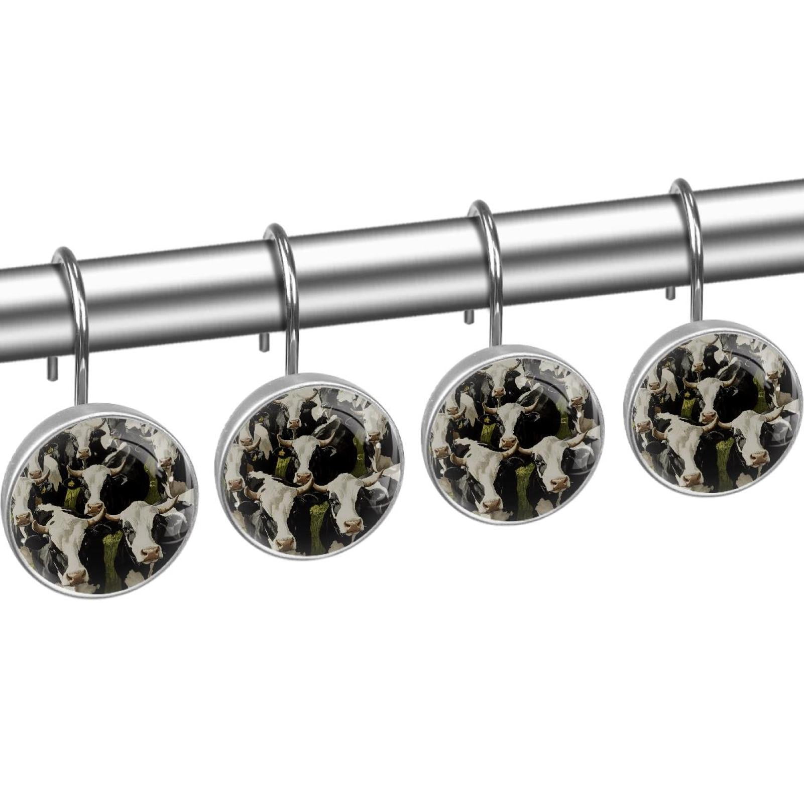 Cows on Farm Shower Curtain Hooks Round Crystal Glass, Set of 12 Shower Curtain Rings - Shower Hooks for Curtain Shower Rings