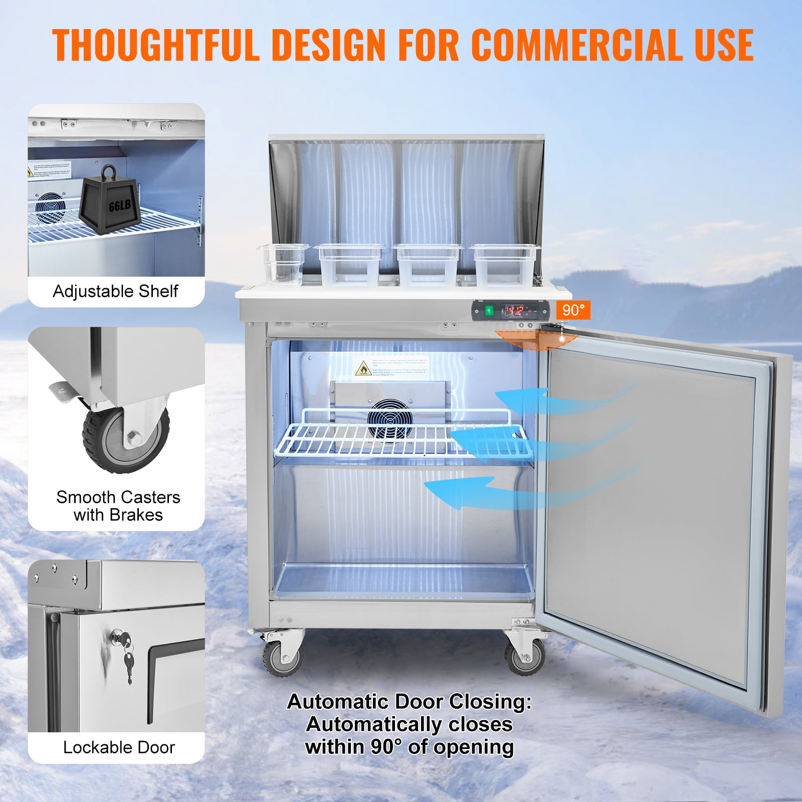 KFFKFF 28" Professional Cold Storage Unit & Salad Preparation Table, 7.4 Cubic Feet Stainless Steel Chilled Food Preparation Station with 12 Containers, Cutting Board, Defrosting Fridge with Lock