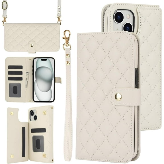 MYKOMI for iPhone 15 6.1 inch Wallet Case with S Pen Holder & Crossbody Lanyard Strap & Wrist Strip, Shockproof Stylish Protective Cover for iPhone 15