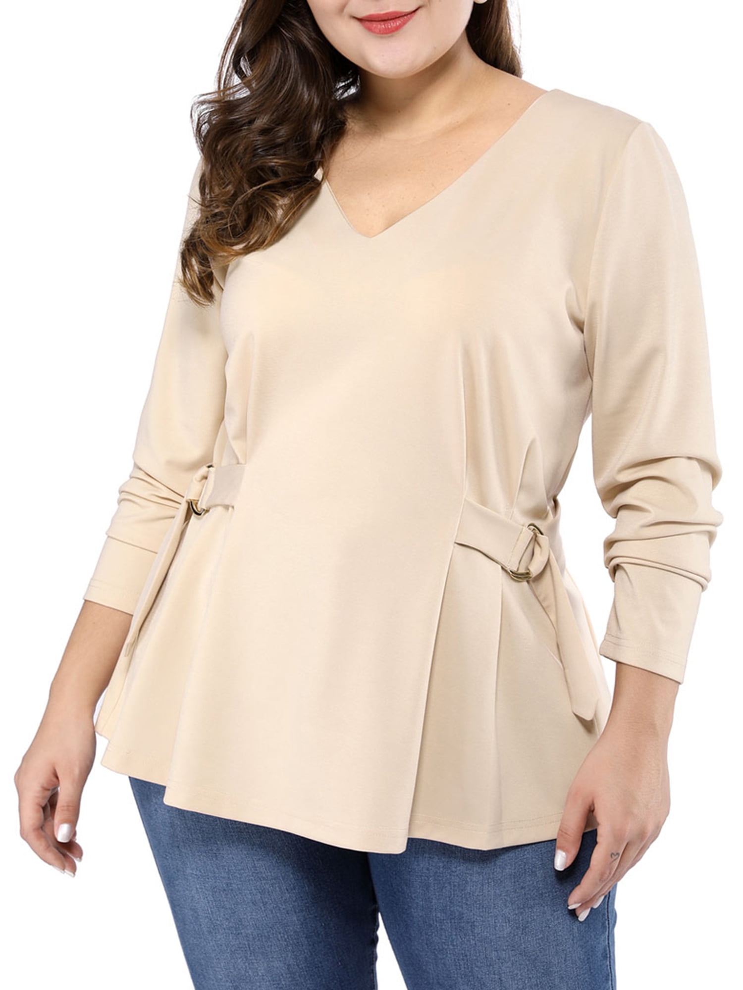Unique Bargains Womens Plus Size V Neck Belted Pleated Peplum Top