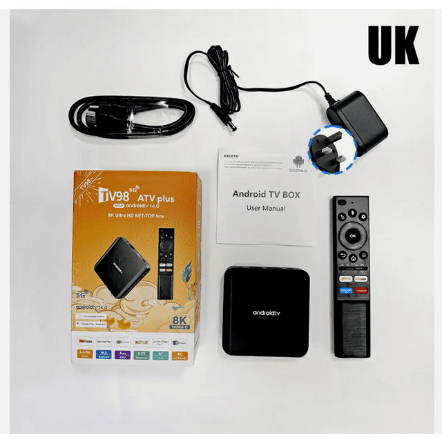 TV98 PLUS Smart Android TV Box, Media Player with Android 14.0 OS, Quad Core ARM Cortex A53, G31 OpenGL3.2 Graphics, Dual Band WiFi, BT5.0, 8K UHD Resolution, for Smart TV Box Entertainment