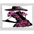 thumbnail image 1 of Girly Decor Tapestry, Woman Furry Hat and Floral Dress Nostalgic Magazine Catwalk Look God Decor, Wall Hanging for Bedroom Living Room Dorm Decor, 80W X 60L Inches, Fuchsia Black, by Ambesonne, 1 of 1