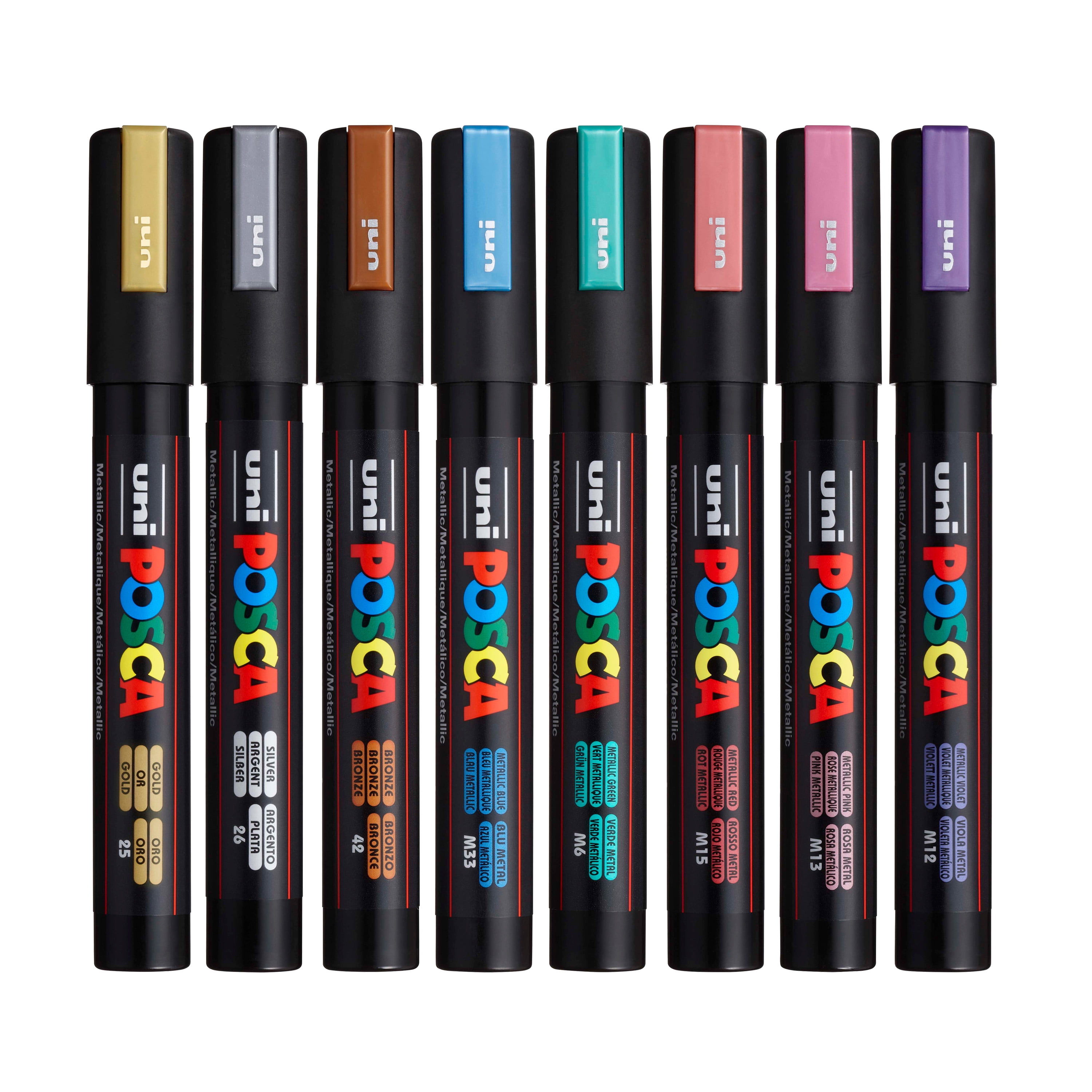 Uni POSCA PC-5M Metallic Paint Markers – 8 Shimmer Colors, Reversible Medium Tip (1.8-2.5mm), Acrylic Paint Pens for Artists