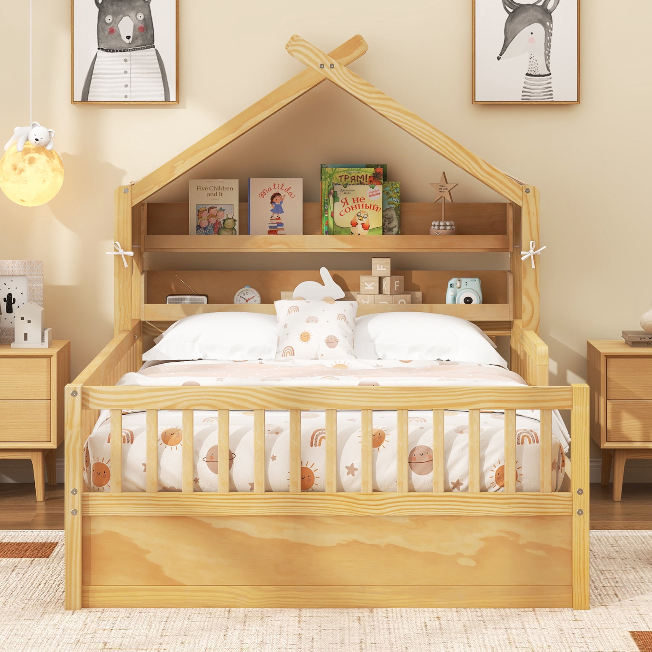 Noble House Twin Size Wooden House Bed with Storage Headboard Shelf and Fabric Canopy, Playful Kid Rooms, Natural