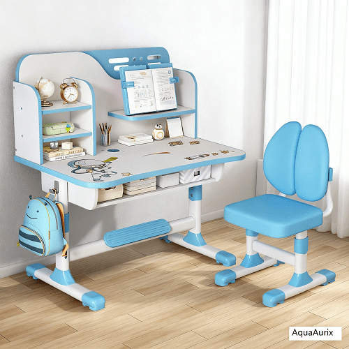 AquaAurix Height Adjustable Children School Study Drawing Desk Chair, Kids Study Desk and Chair Set with Astronaut Pattern, Ergonomic Desk Chair with Large Writing Board, Bookshelf and Drawer Pink