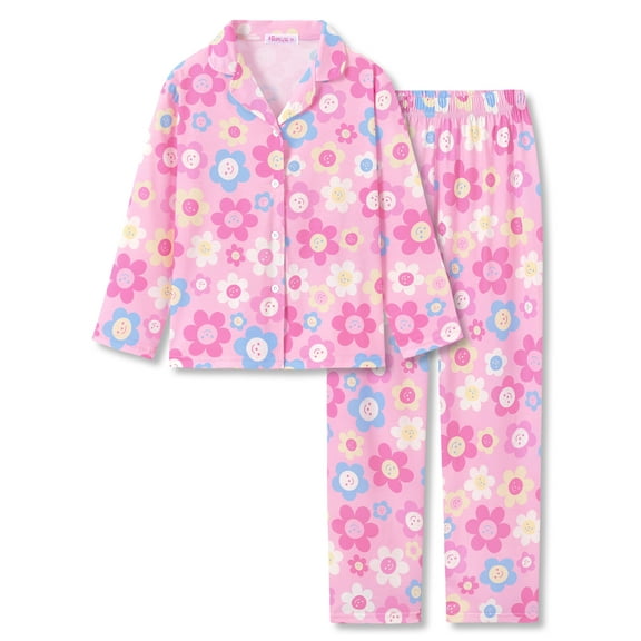 Topgal Cute Little & Big Girls Pajamas - Comfy Pink & Smiling Flowers Button-Down Long Sleeves 2 PC PJS Size 10