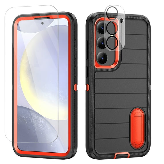 SaniMore for Samsung Galaxy S24 Hybird Case, [Tempered Glass Screen Protector] Rugged PC Back Shockproof TPU Shell Hidden Kickstand Drop Resistant Anti-slip Heavy Duty Protective Cover, A-Black/Orange