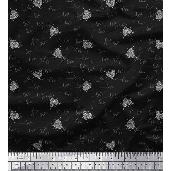 Soimoi Black Cotton Duck Fabric Heart & Love Text Print Fabric by the Yard 42 Inch Wide