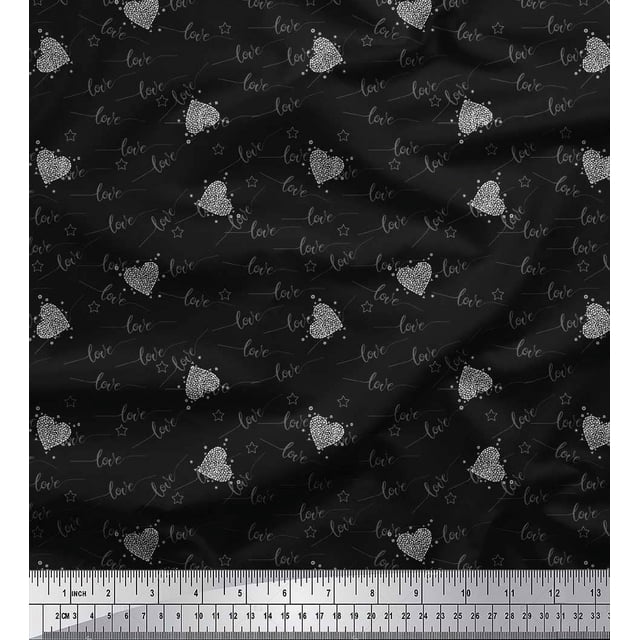 Soimoi Black Velvet Fabric Heart & Love Text Print Fabric by Yard 58 Inch Wide