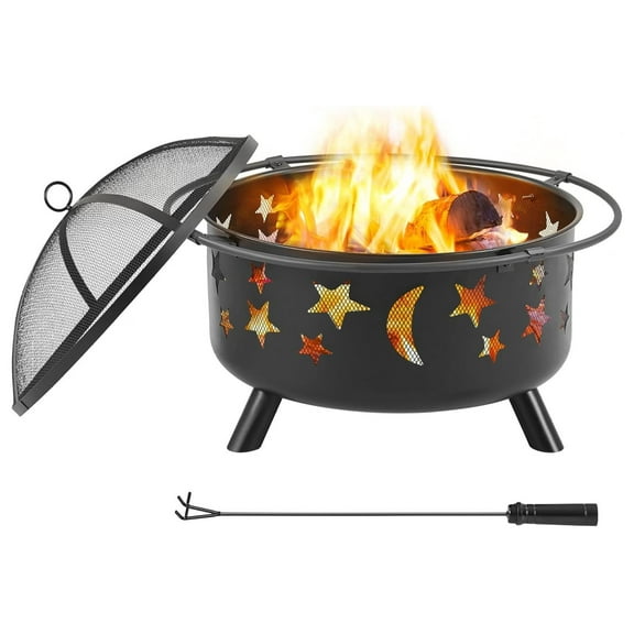 30 Inch Backyard Iron Brazier Wood Burning Coal with Sky Stars and Moons Pit Fire Bowl Stove for Outside Camping Patio Garden Black