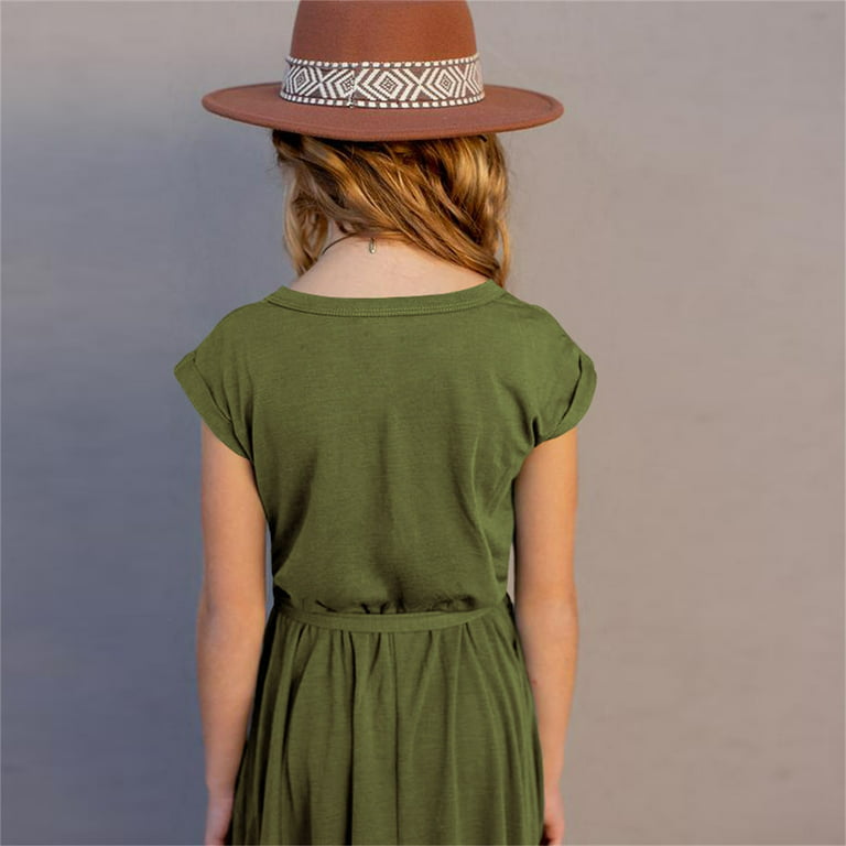 Kids Little Girls Vintage Dress Solid Short Sleeve Ruffles Swing