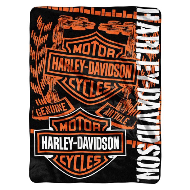 HarleyDavidson Gear Bar & Shield Raschel Throw Blanket, Black & Orange