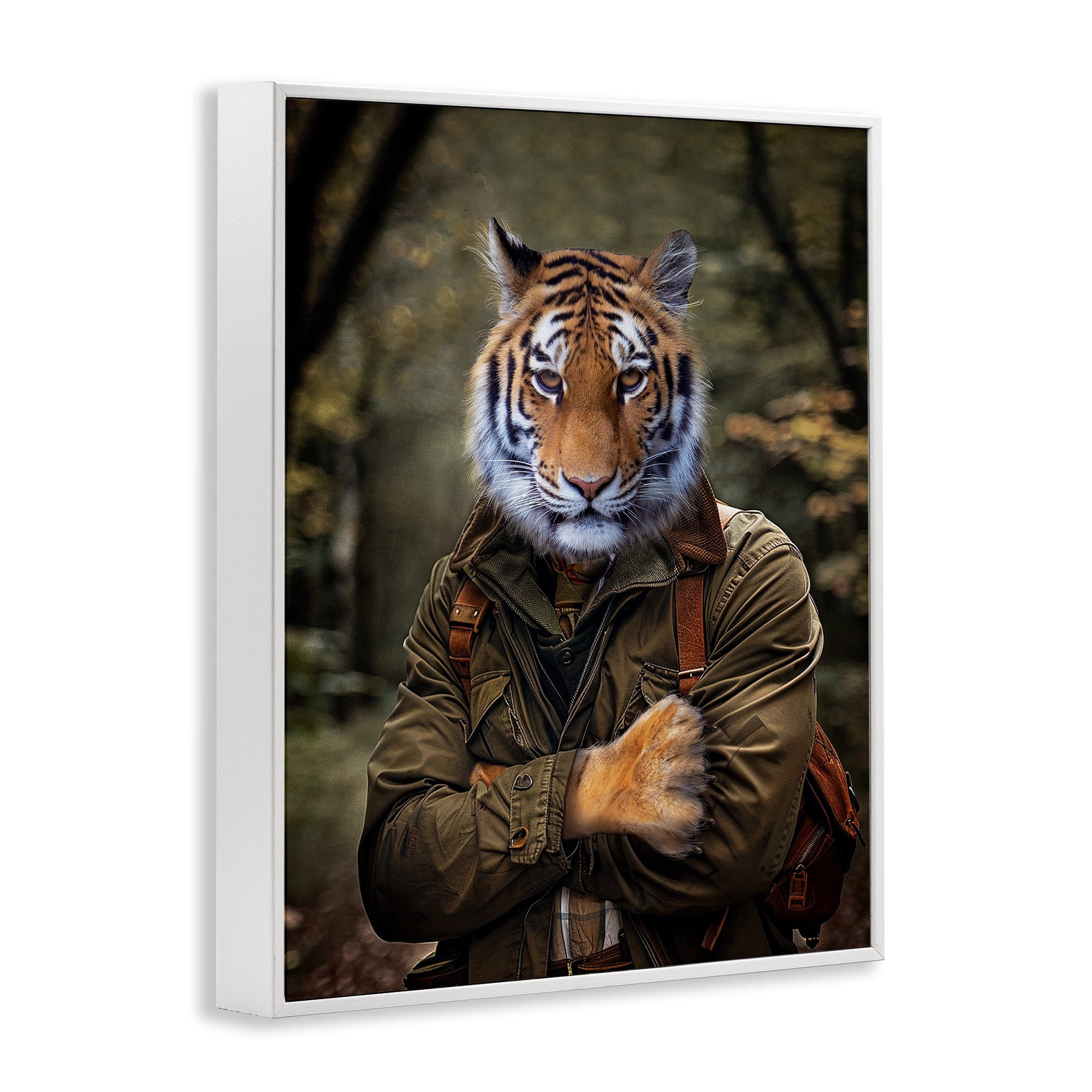 Stupell Industries Tiger in Hiking Attire Animals & Insects Painting White Framed Art Print Wall Art, 24 x 30