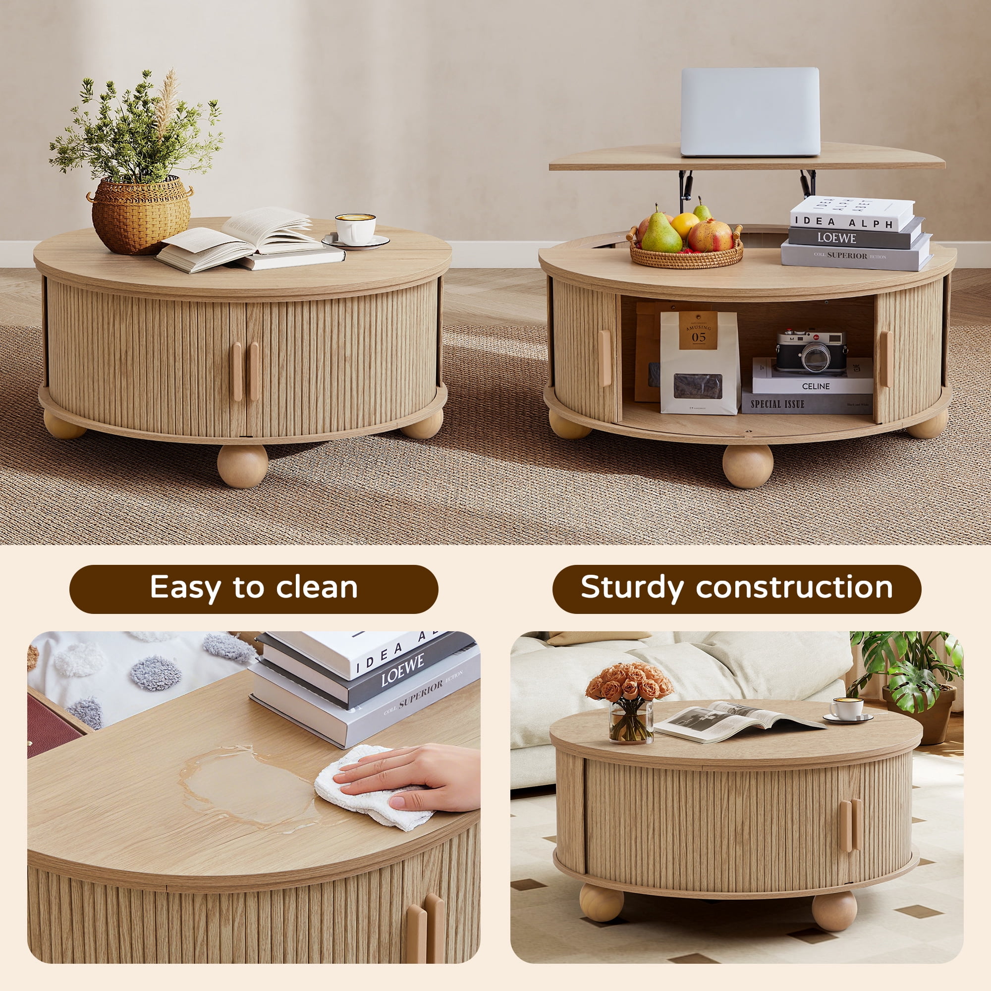 YOCWO Lift Top Coffee Table with Sliding Door and Round Leg, Fluted Round Coffee Table with Hidden Compartments Storage for Living Room, Natural