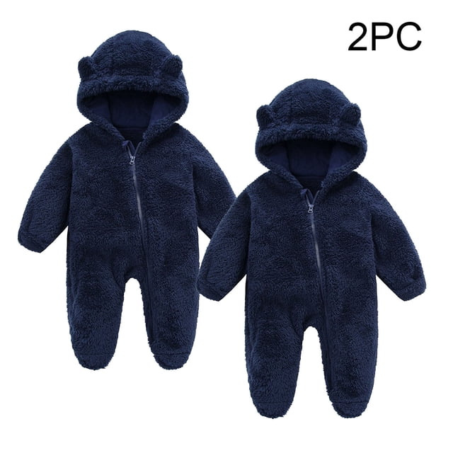 AherBiu 2PCS Baby Girls Boys Clothes Infant Newborn Onesie Hooded Fleece Jumpsuits Fall Winter Pajamas Outfits Solid Color