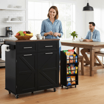 47" Kitchen Island with Drop Leaf, Rolling Kitchen Dining Cart with Trash Can Storage, Two Drawers, Removable Side Racks and Towel Rack for Home, Black